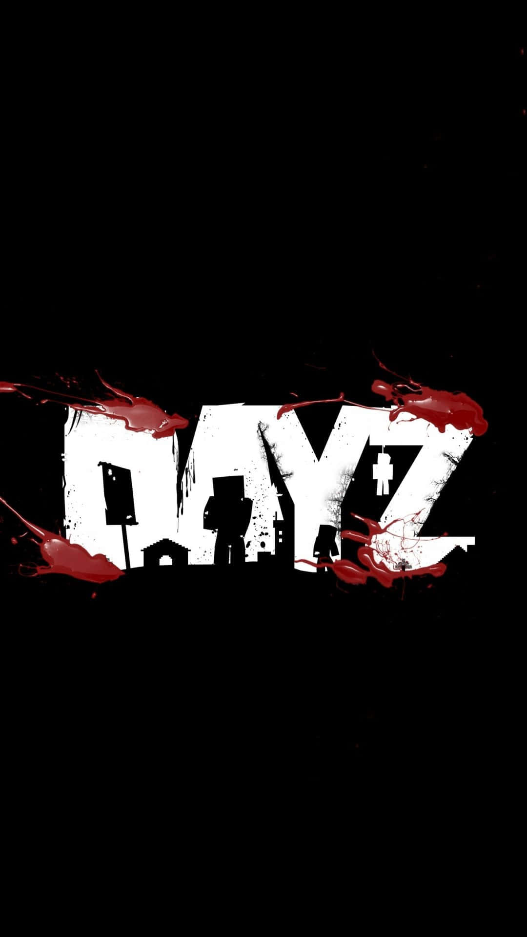 黑色背景上，帶有紅色血跡和喪屍剪影的白色文字「DAYZ」。