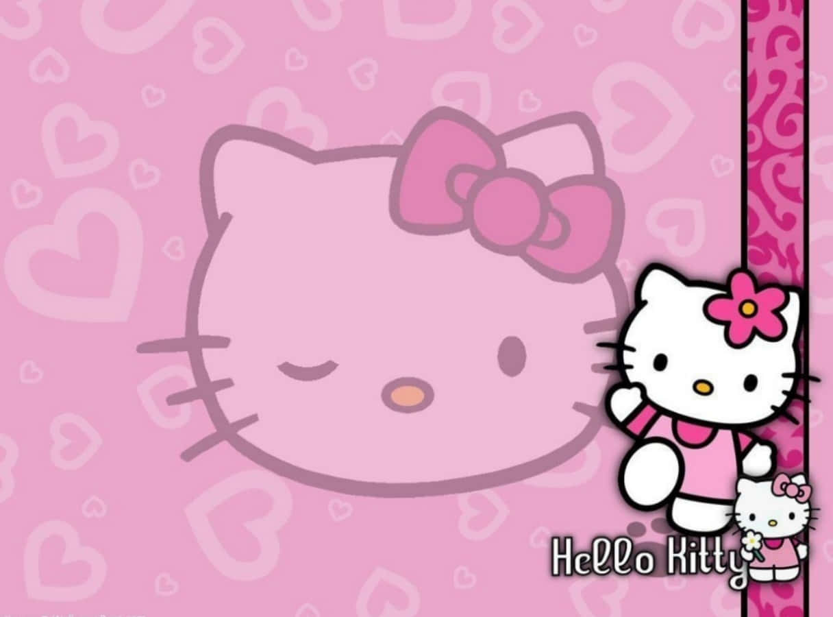 Hello Kitty卡通角色戴蝴蝶結在粉紅愛心背景上微笑