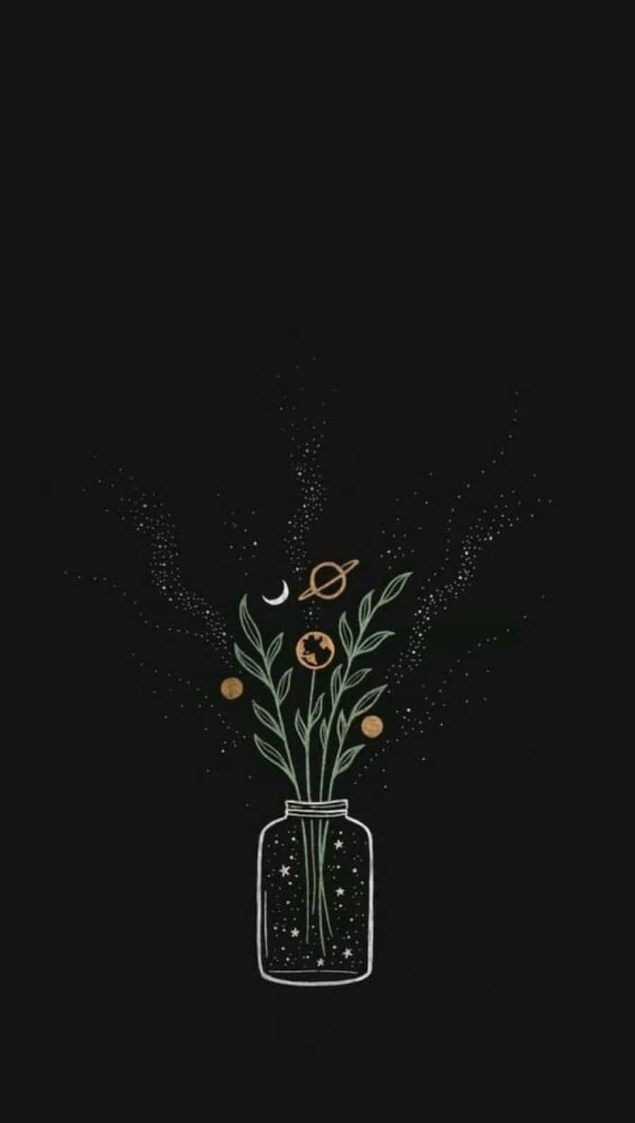 讓你的美學升級，擁有一部精緻的iPhone 壁紙 — 一個極簡線條藝術插圖，描繪一個玻璃罐，裡面裝著綠色莖幹，周圍漂浮著天體和星星，背景為黑色。