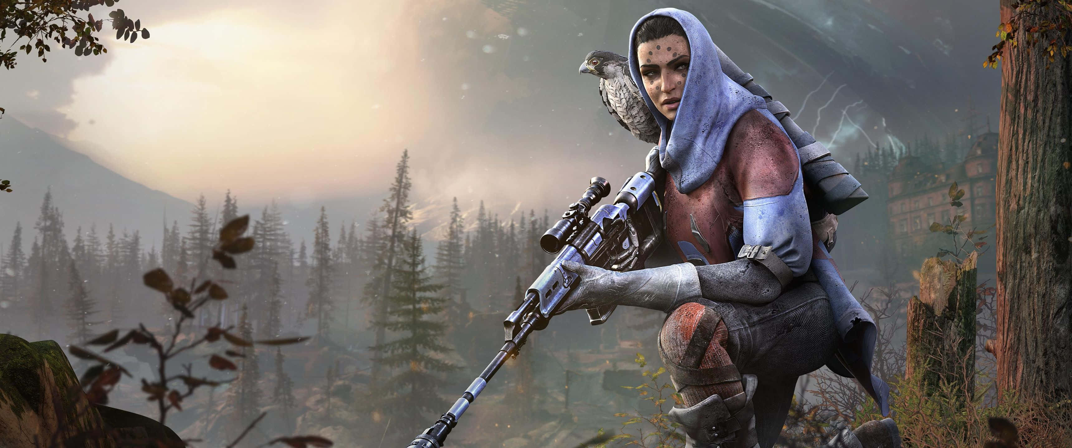 讓你的遊戲技巧幫助拯救《Destiny 2》中的最後之城！ 壁紙 — 一名戴 hood 的女狙擊手蹲在霧氣瀰漫的森林中，手持帶瞄準鏡的步槍，肩上棲著一隻鷹。