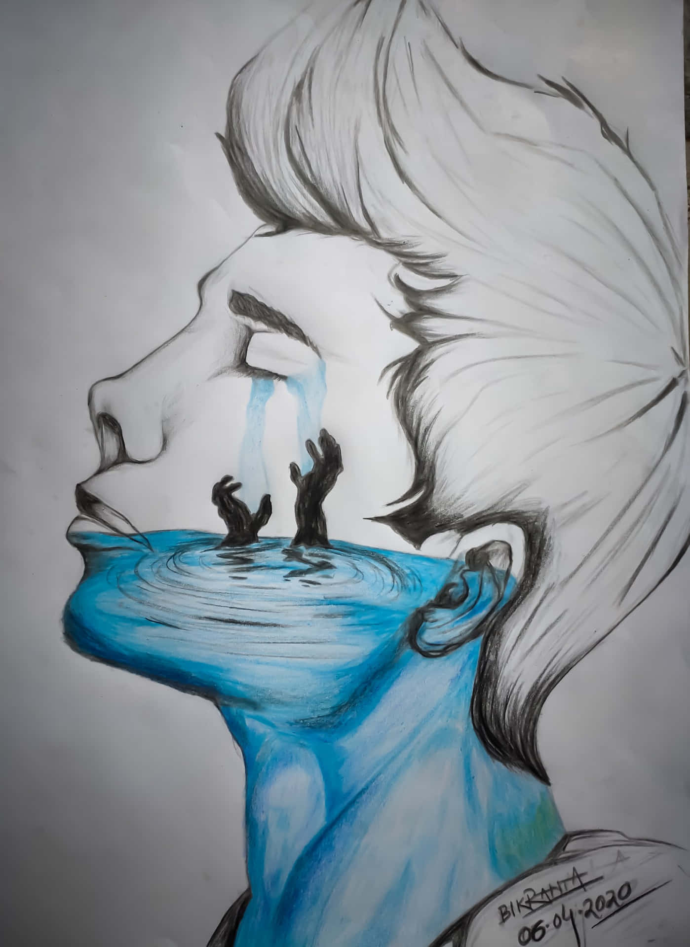 人物側面流著藍色眼淚，形成水窪，有兩隻小手向上伸出。