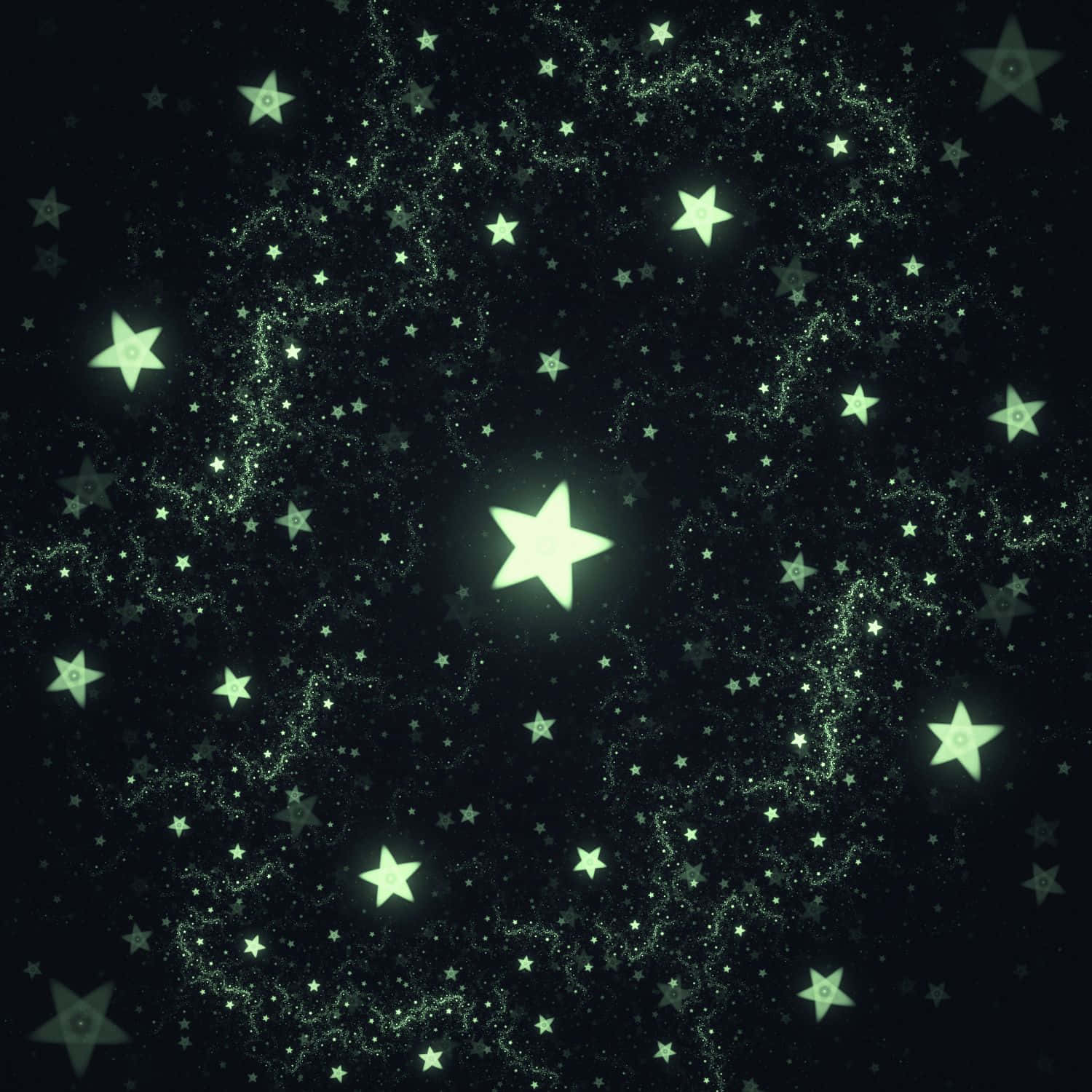 讓內在光芒閃耀 壁紙 — 一個發光的綠色星場在黑暗的宇宙背景中旋轉，帶有閃爍的粒子和不同大小的星星。
