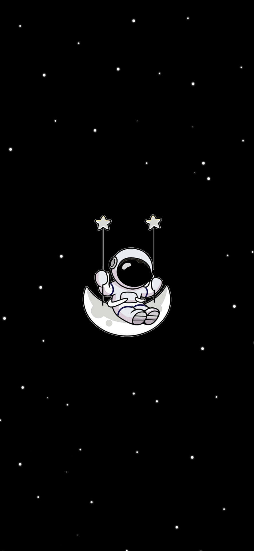 卡通太空人在繁星點點的夜空中盪著月亮鞦韆，周圍有星星。