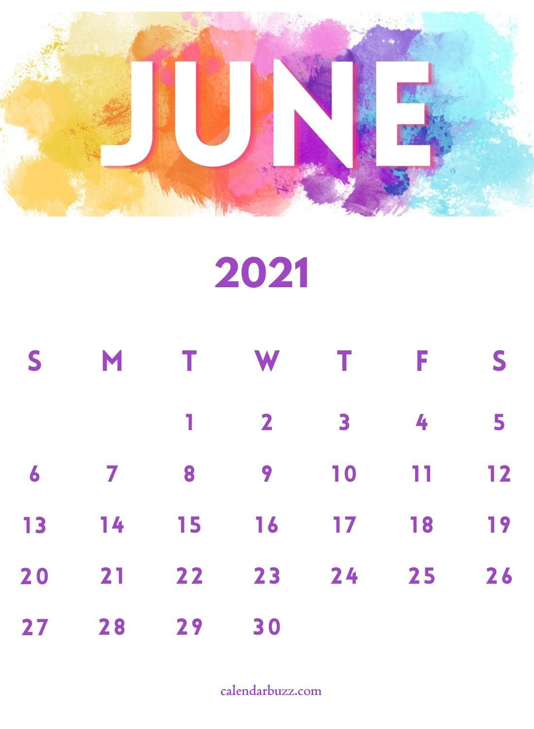 2021年6月日曆，帶有彩色水彩背景和紫色文字。