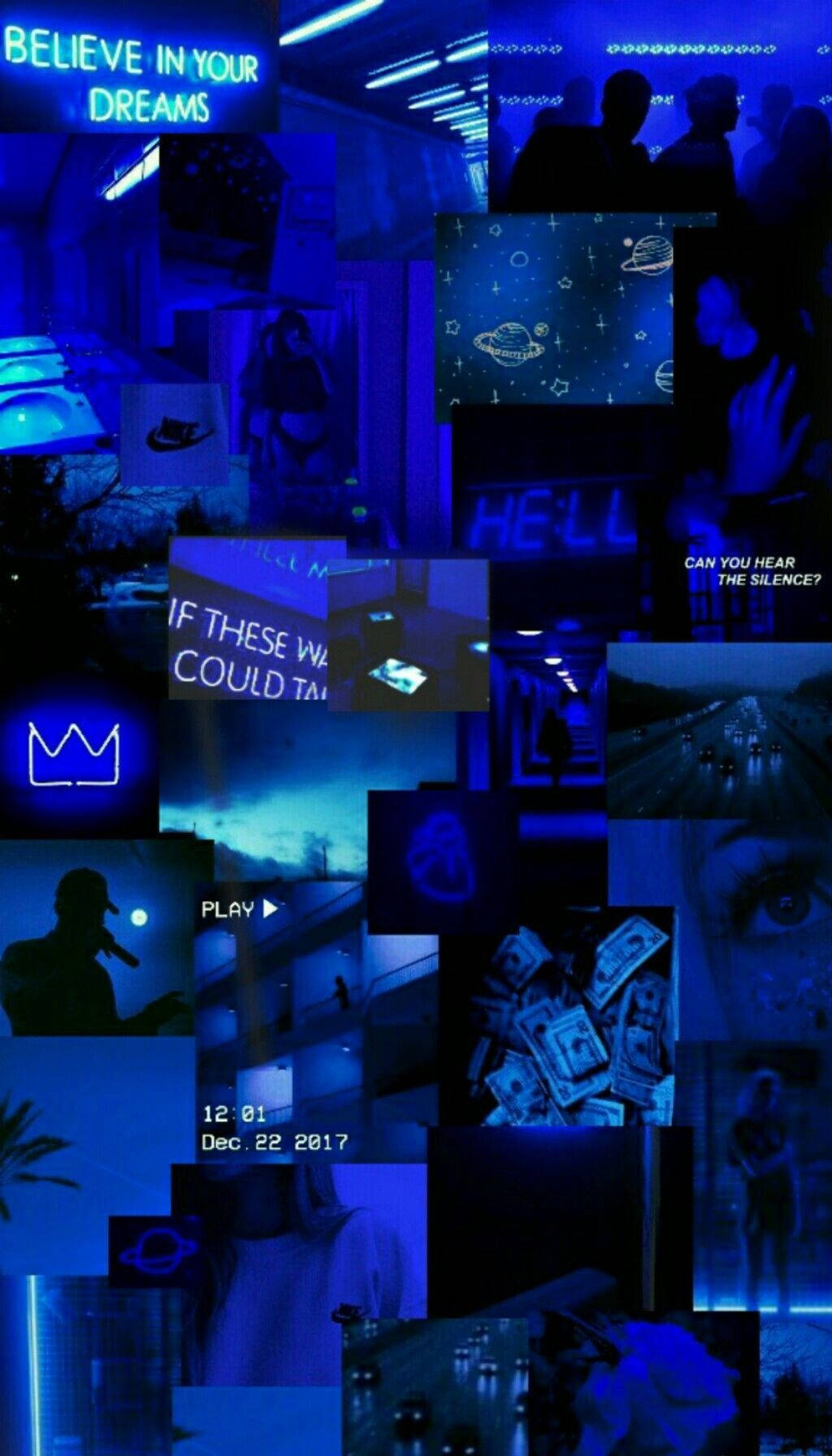 藍色霓虹拼貼畫，在夢幻的夜景中帶有文字和剪影。