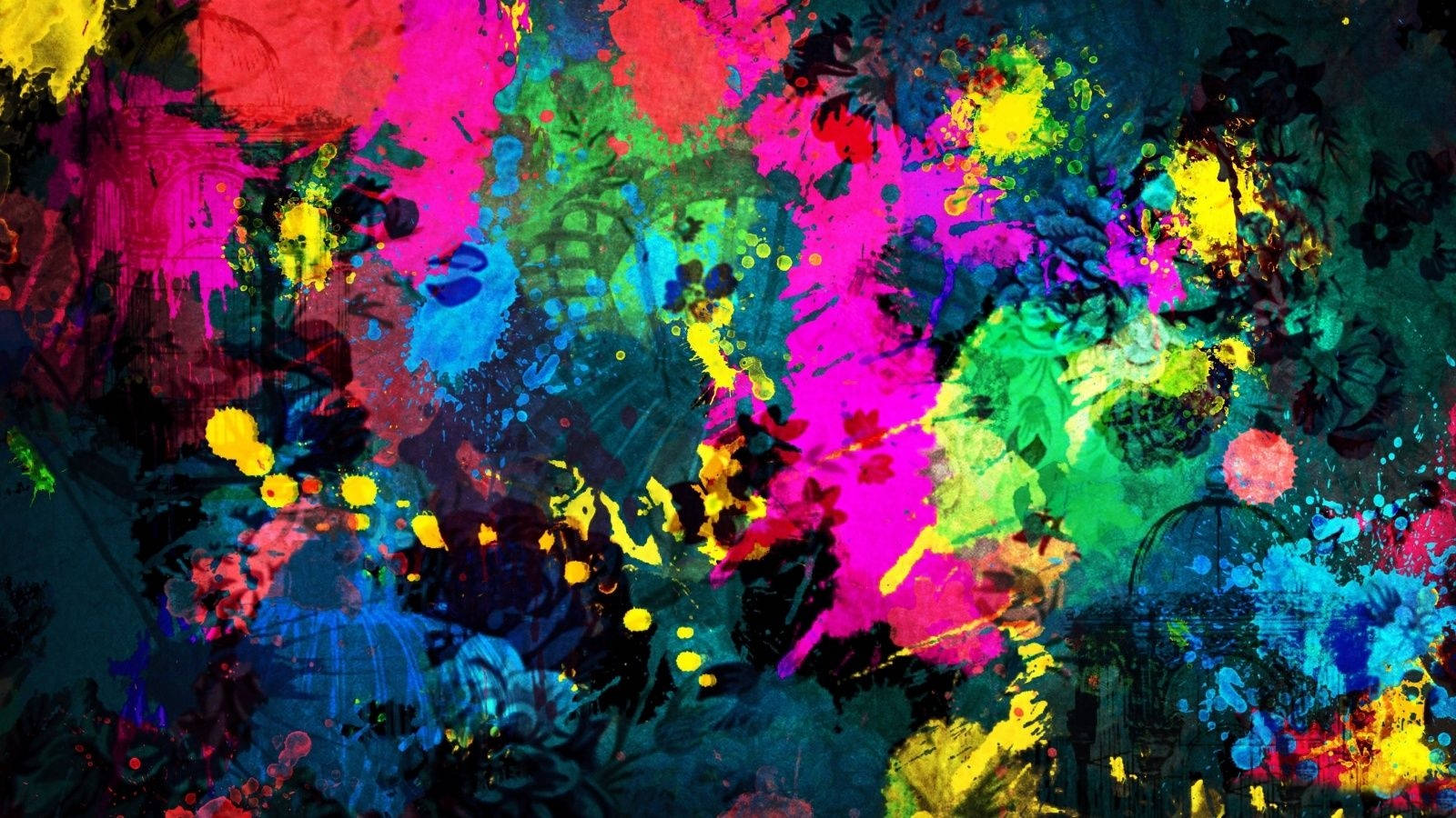 抽象數位藝術作品，在黑暗背景上呈現爆炸性的霓虹顏料飛濺。