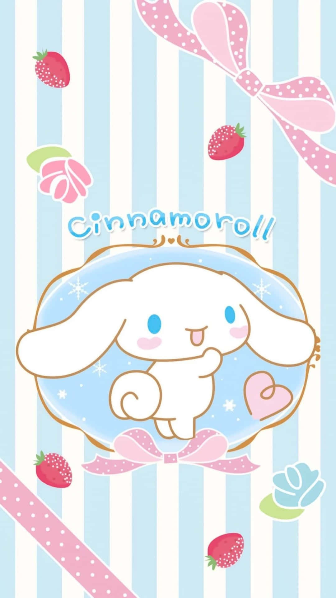 Cinnamoroll兔子角色，帶有粉紅色蝴蝶結和草莓，背景為條紋。