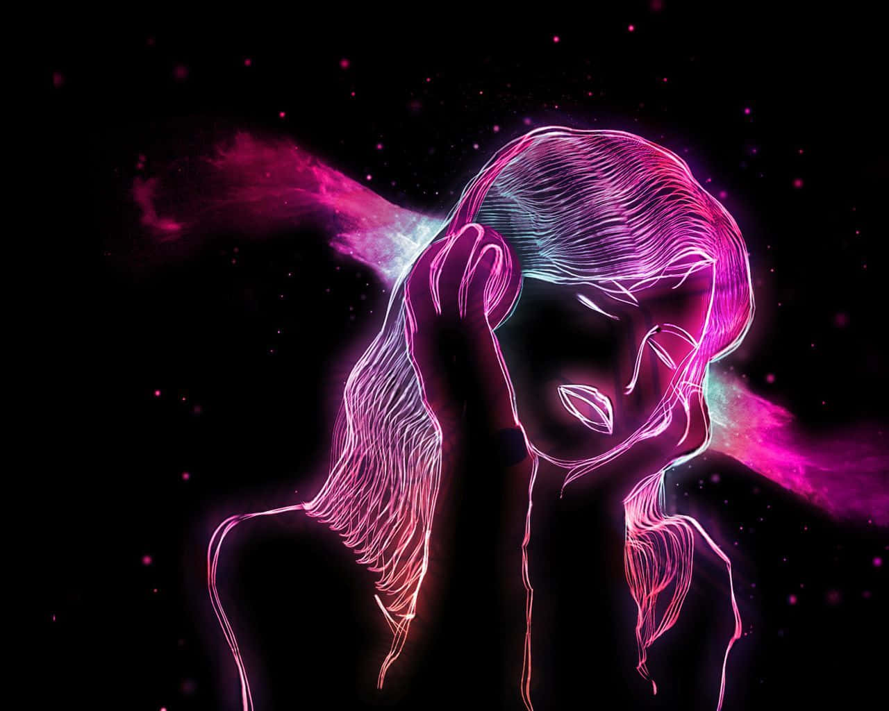 在宇宙空間中閉著眼睛的霓虹粉紅和紫色線框女人。