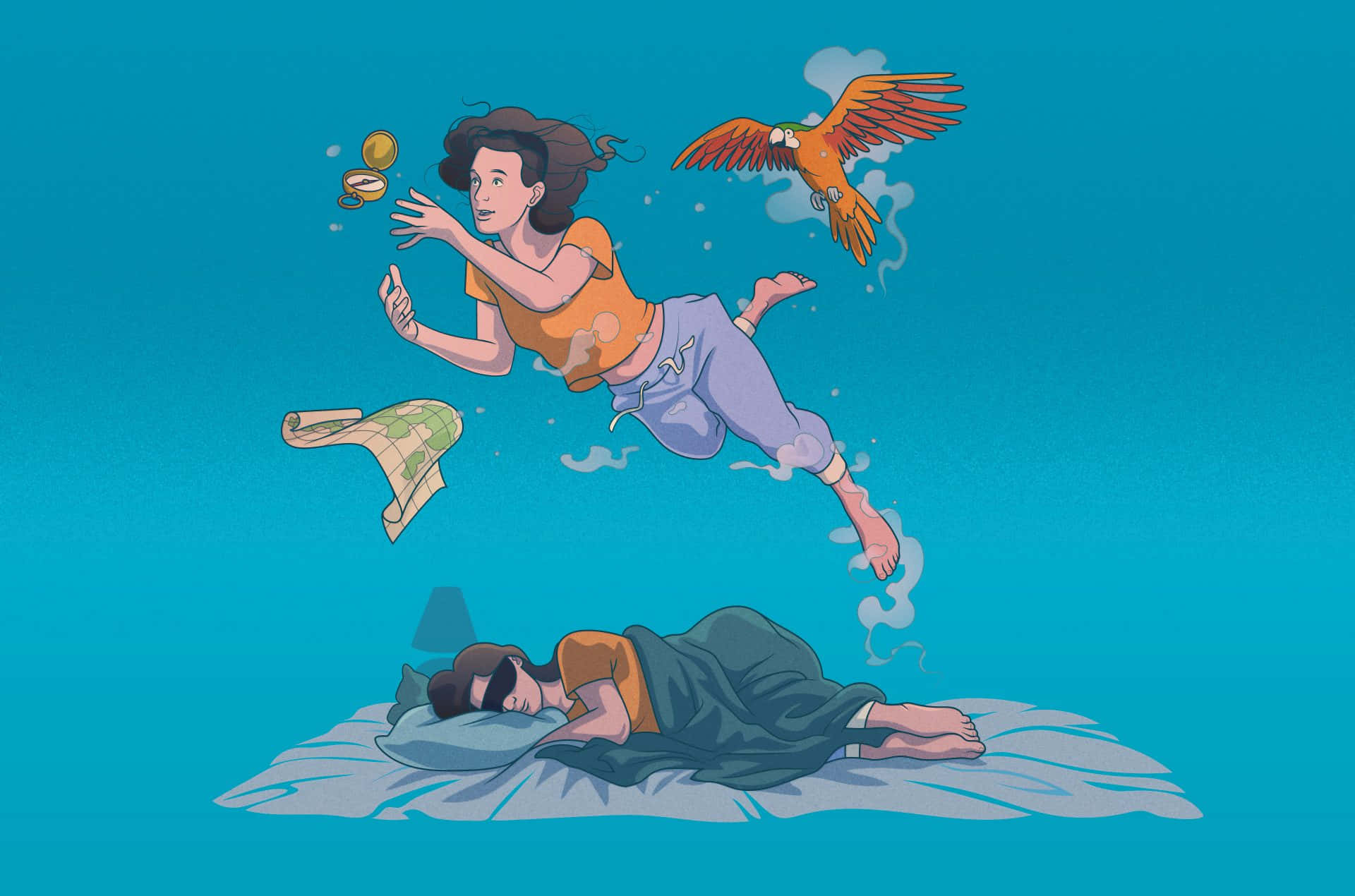 讓夢想成真 壁紙 — 一名女子安睡，她的夢中自我在青綠色天空上飄浮，手持鸚鵡指南針和地圖。