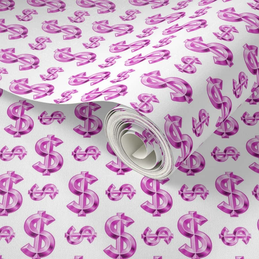 讓夢想成真，從Pink Money開始！ 壁紙 — 一卷白色牆紙，上面佈滿閃亮金屬紫色的美元符號。