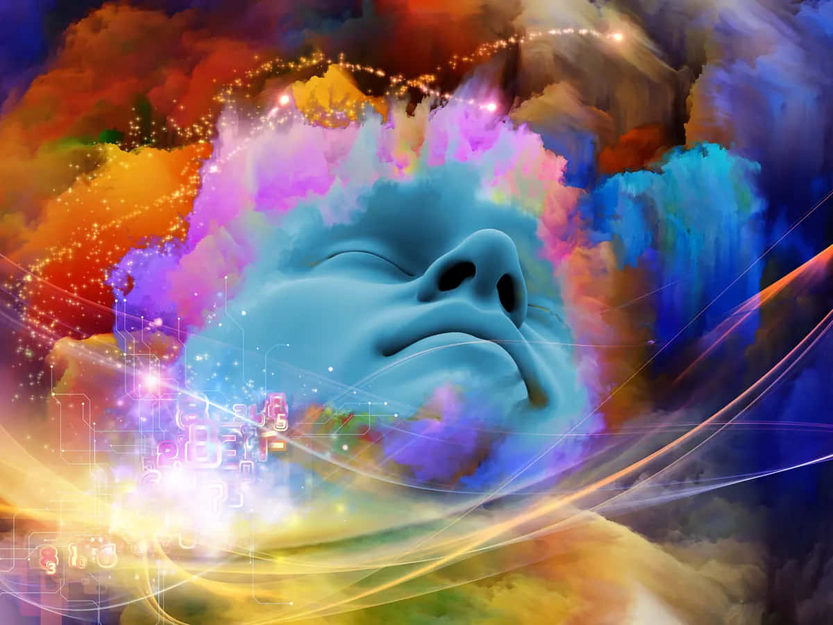 讓夢想活起來 壁紙 — 一張平靜的藍色面孔從充滿霓虹色彩和發光電路線條的鮮豔宇宙漩渦中浮現。