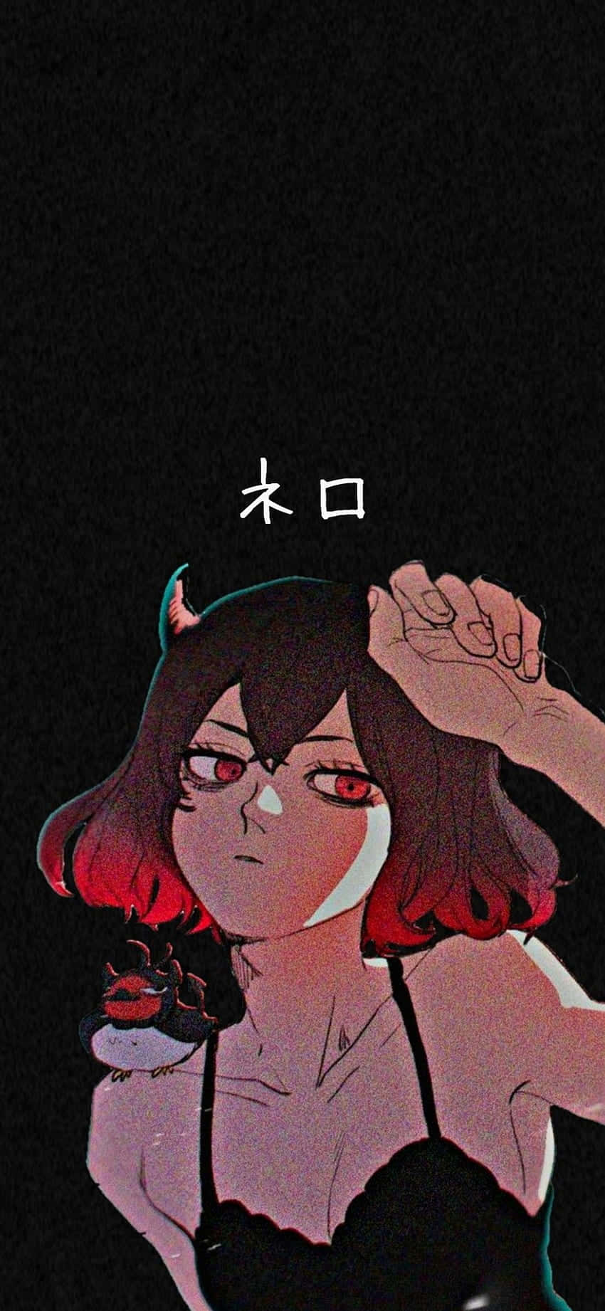 讓夢想翱翔 壁紙 — 一個擁有紅眼睛和惡魔角的暗黑動漫女孩，低着頭，雙手抱着頭，背景是黑色。