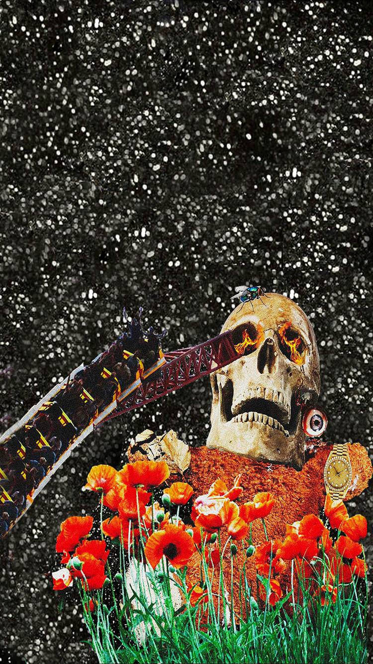 發光眼睛和斷劍的骷髏頭從紅色罌粟花中浮現，在星空下。