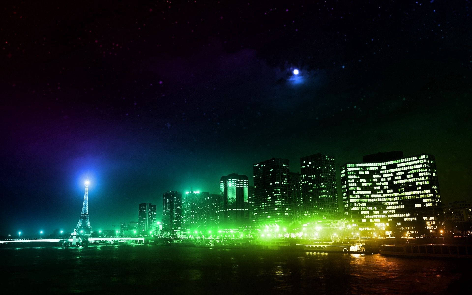 巴黎夜景天際線，艾菲爾鐵塔和發光建築物倒映在水中。