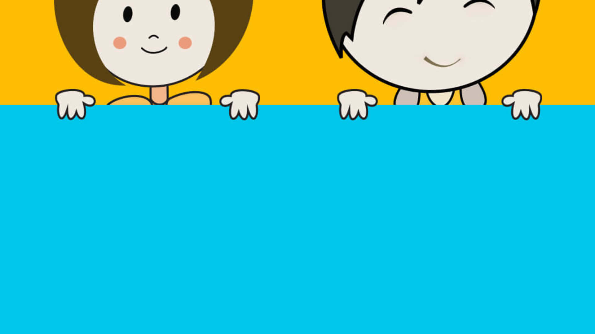 讓好時光滾動吧！ 壁紙 — 兩個開心的卡通小孩喺明亮藍色邊框上面探頭，背景係陽光黃色。