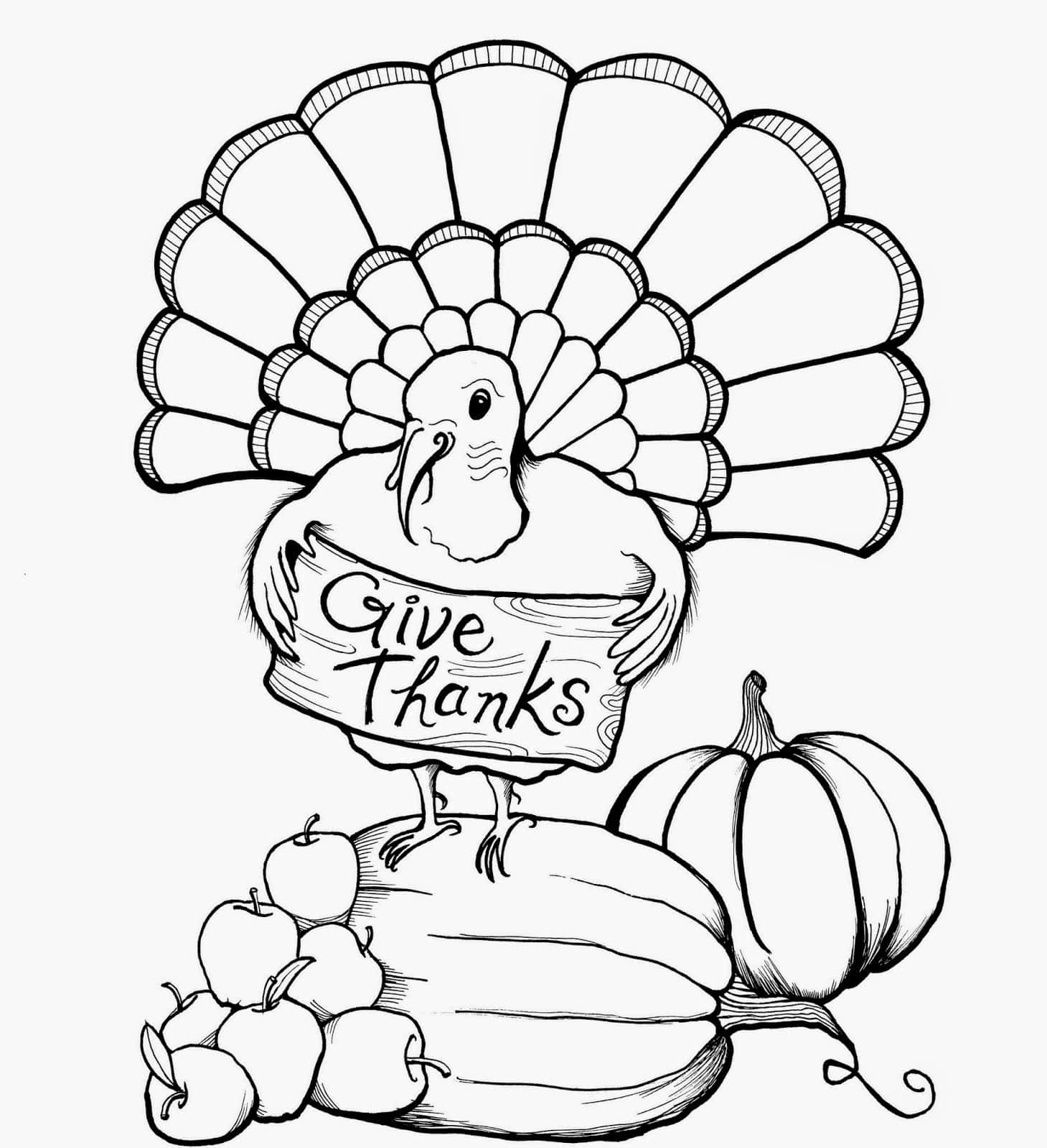 火雞拿著 Give Thanks 標語牌，配南瓜和蘋果