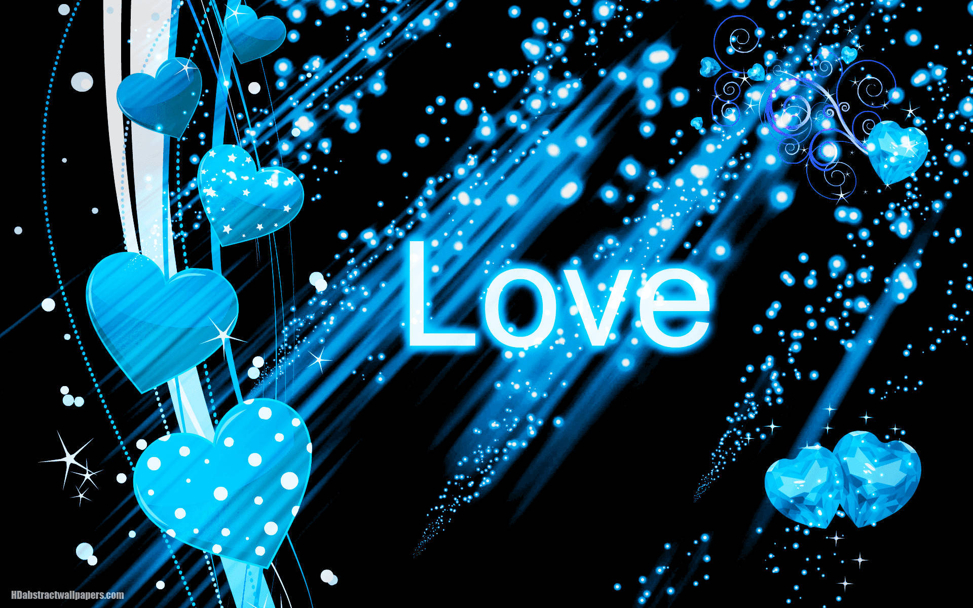 藍色心形和閃光圍繞著黑色背景上發光的Love字樣。