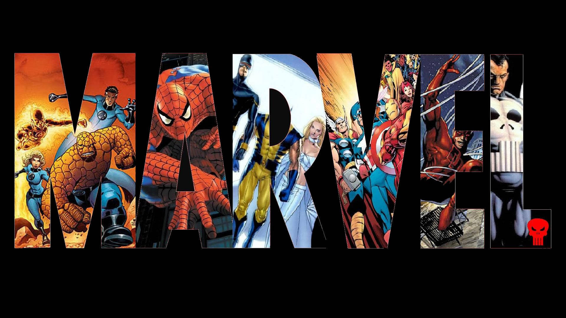 讓復仇者聯盟為你守護！ 壁紙 — 大膽的Marvel標誌，充滿了像蜘蛛俠和金剛狼這樣的標誌性超級英雄，以動態漫畫姿勢呈現。