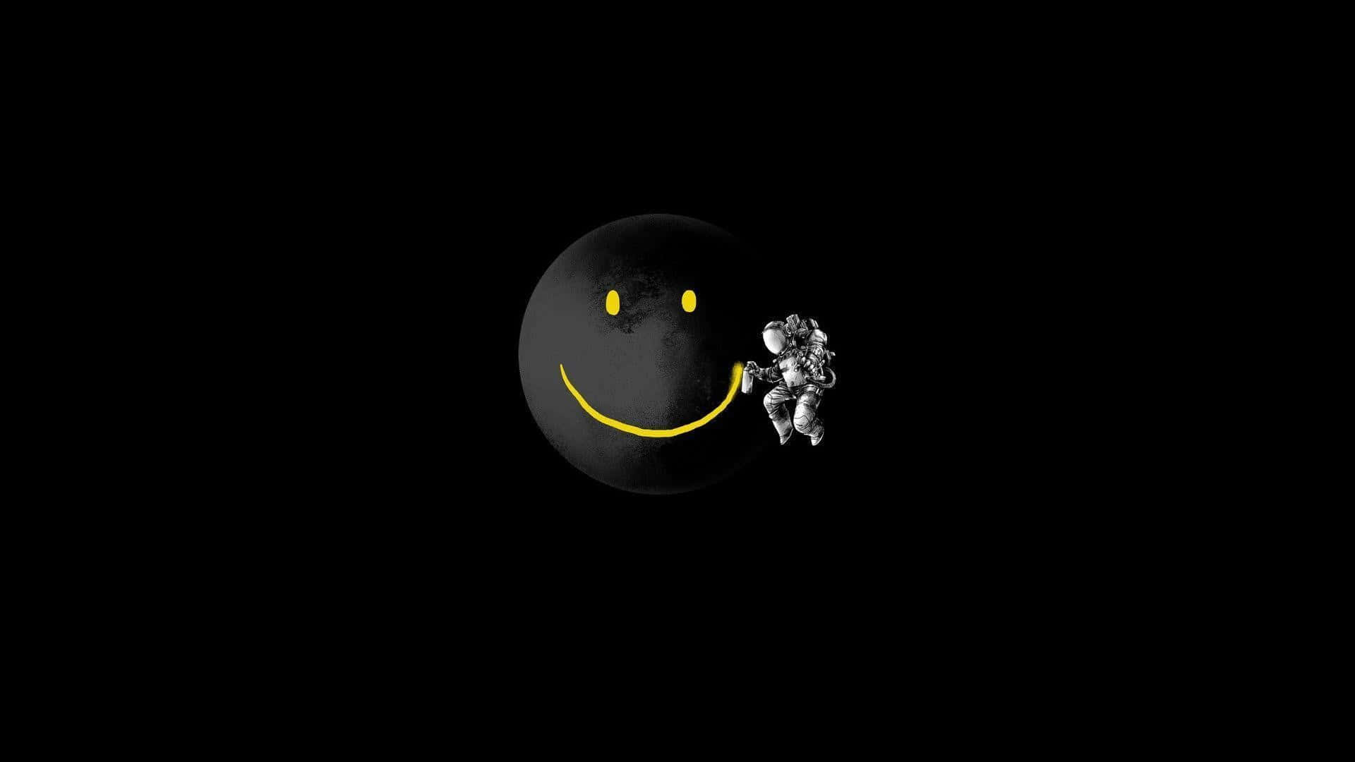 一名太空人漂浮在太空中一個微笑的黑色星球附近。
