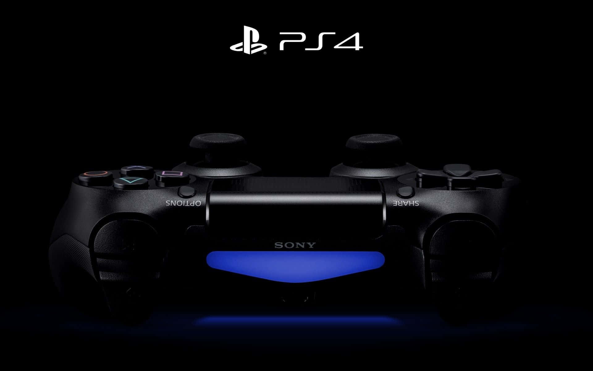 黑色PS4手掣在黑暗背景上發出藍光。