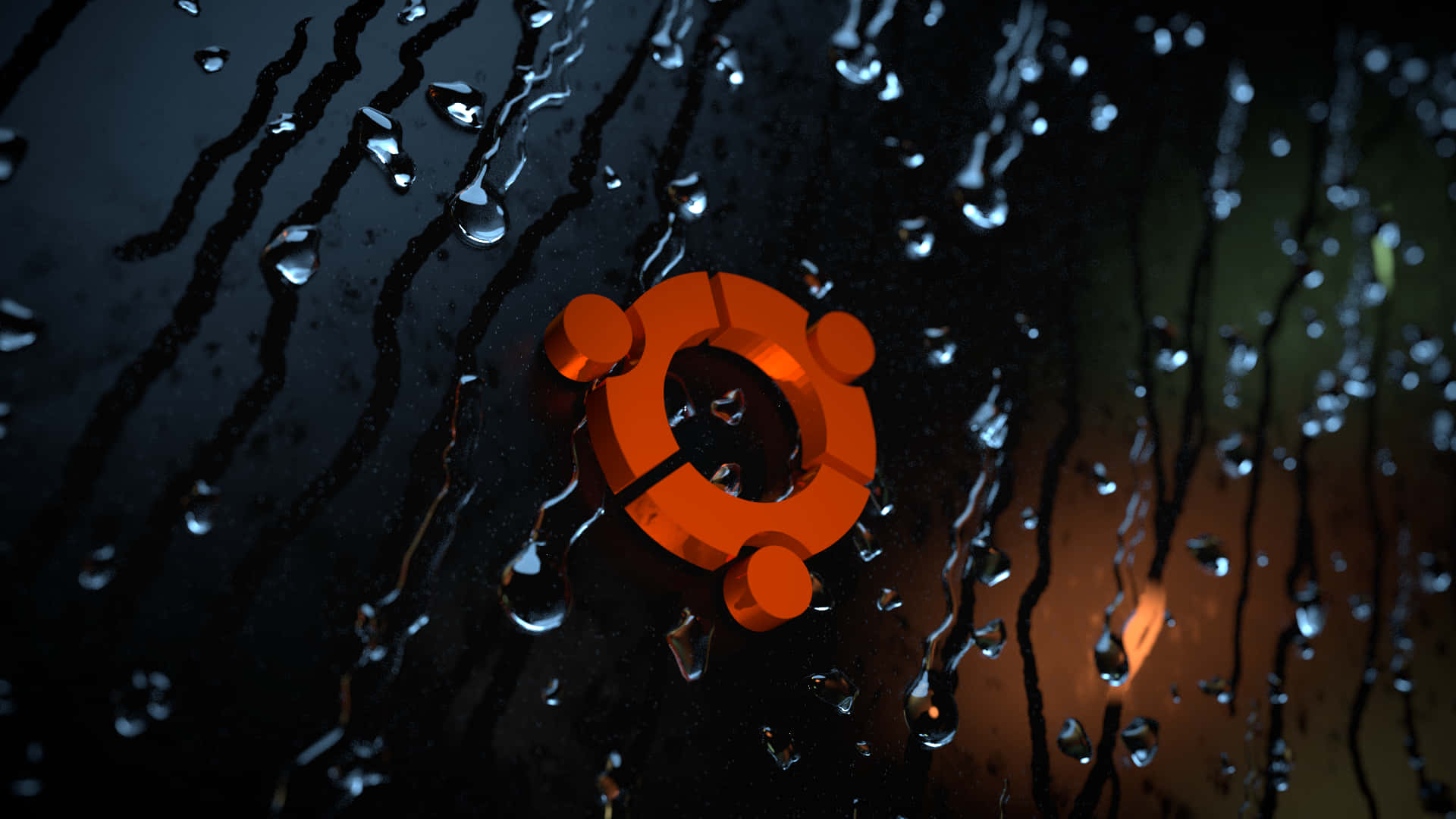 Ubuntu標誌在雨窗上，帶有發光的橙色光和水滴。