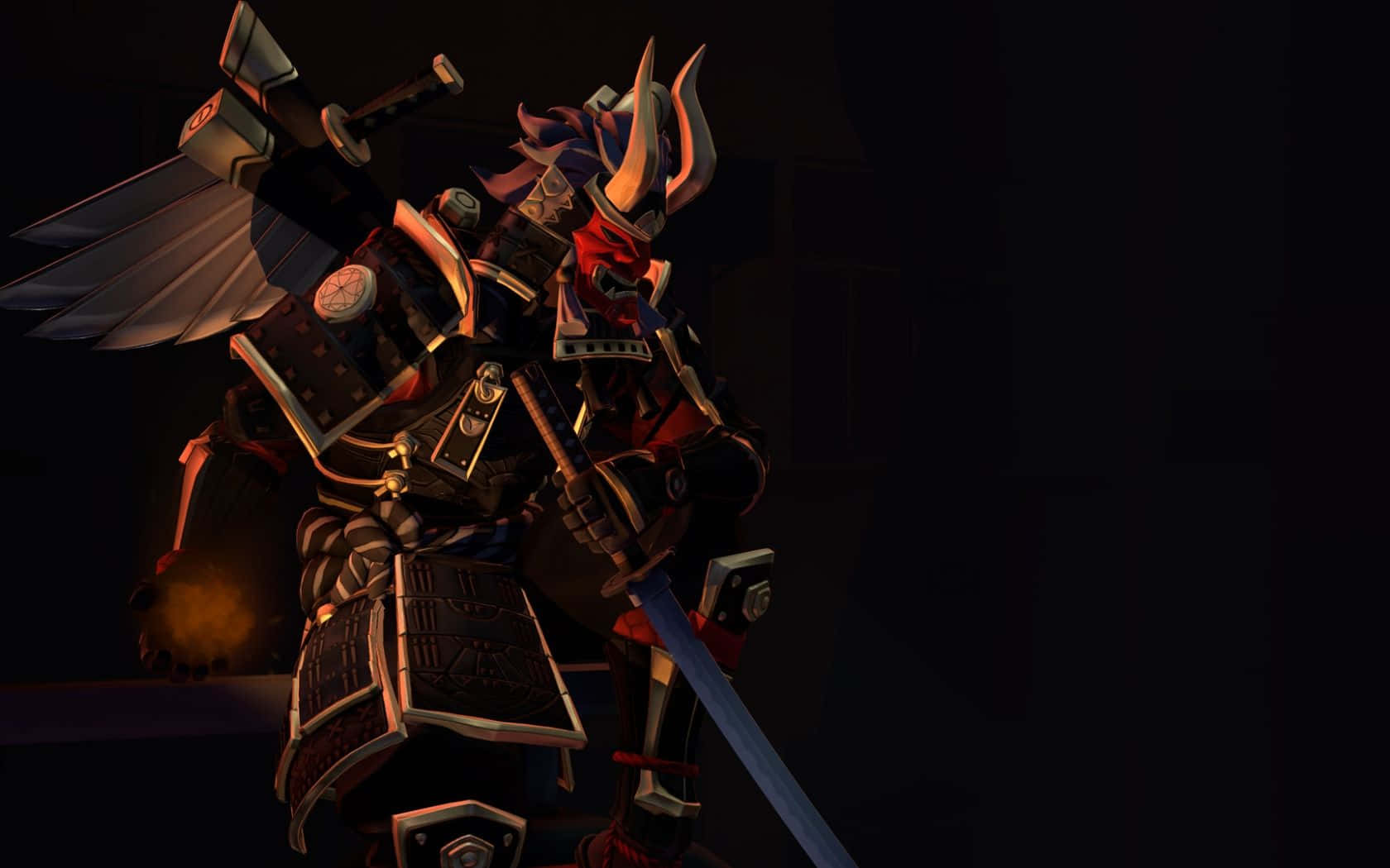 暗色盔甲的武士在昏暗光線中手持發光的劍。