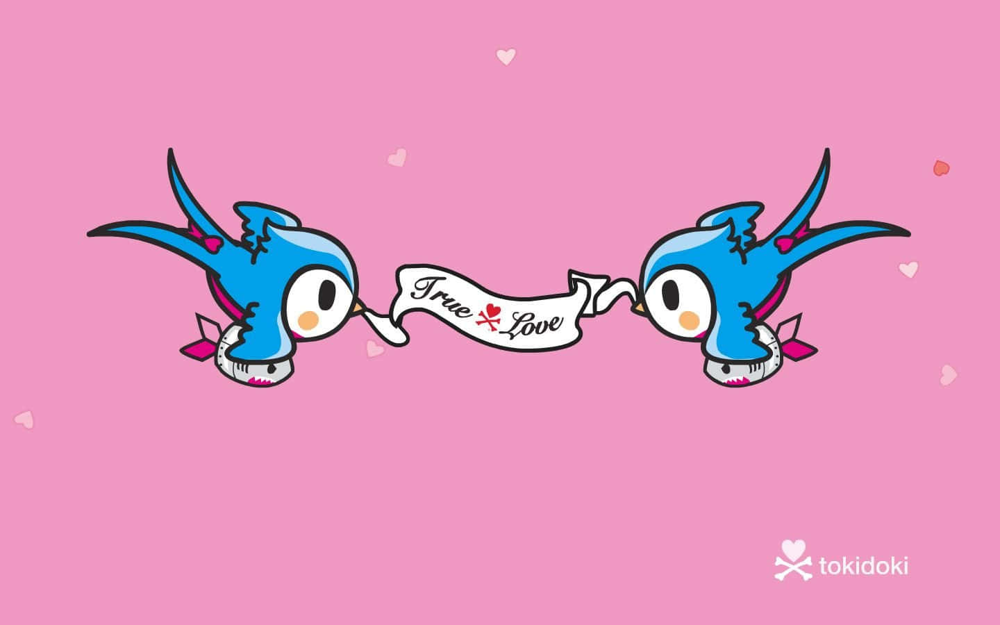 兩隻藍色卡通鳥舉著「True Love」橫幅，心臟漂浮。