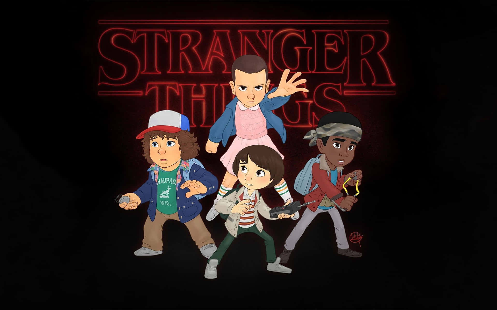 來自Stranger Things的四個動畫小孩在黑暗背景中手持武器。