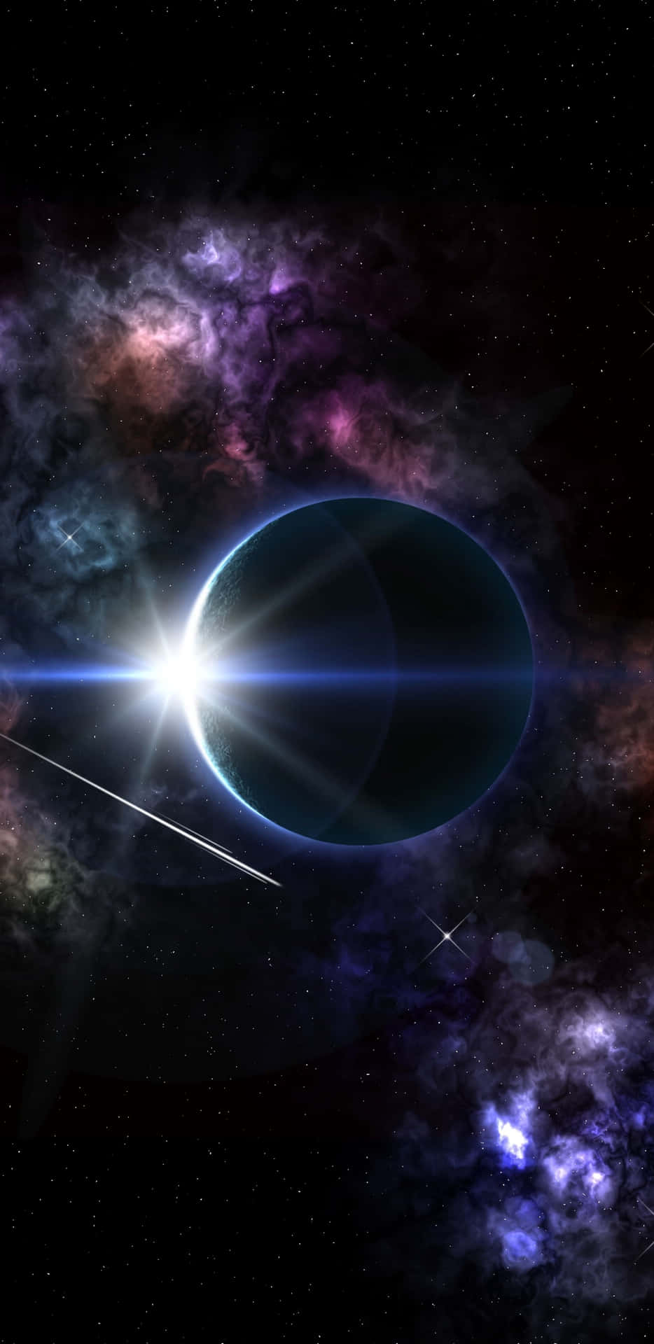 色彩繽紛的宇宙雲層中，行星背後有星爆，彗星劃過。