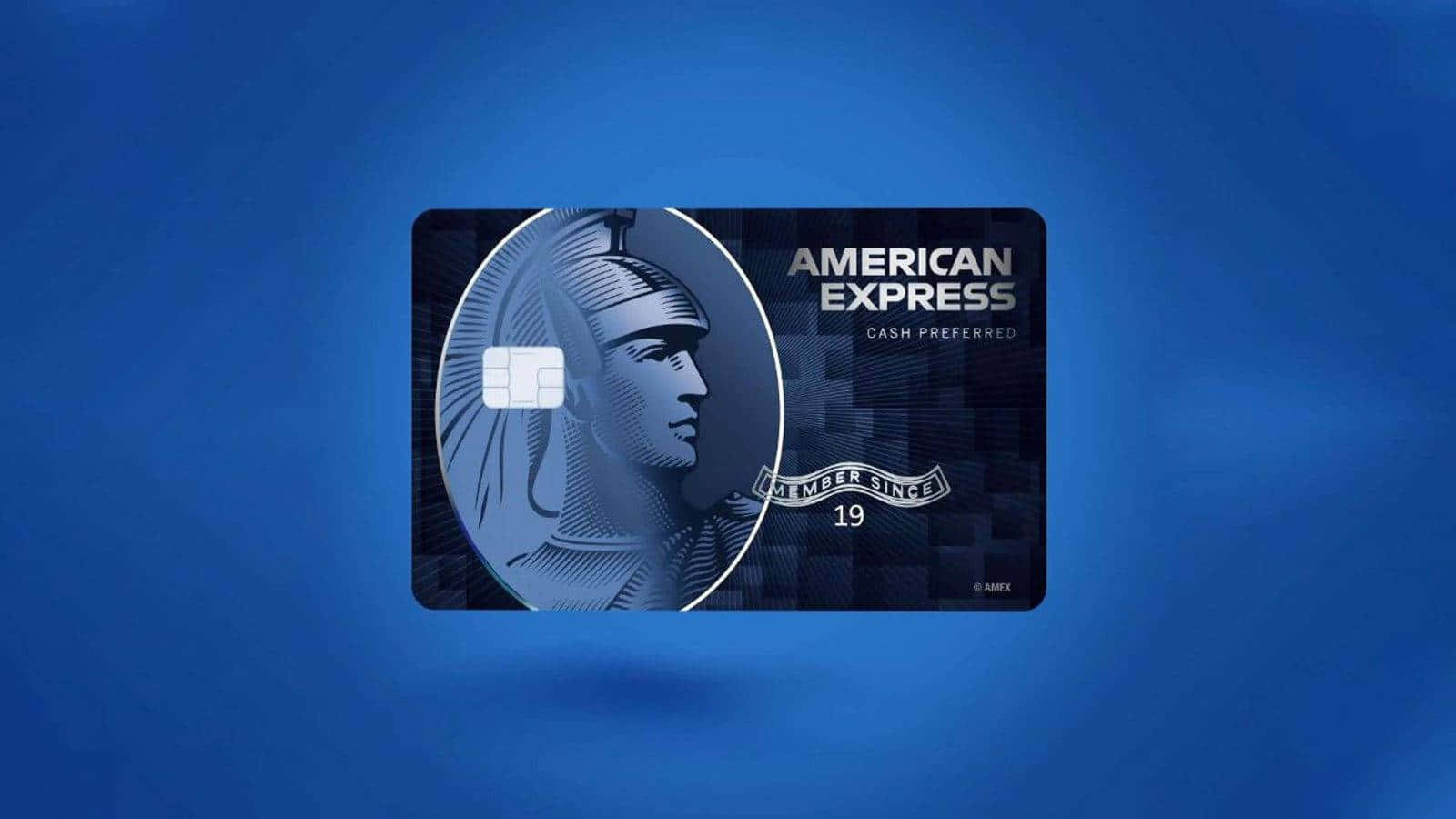 American Express Cash Preferred信用卡，在藍色漸變背景上帶有羅馬士兵設計。