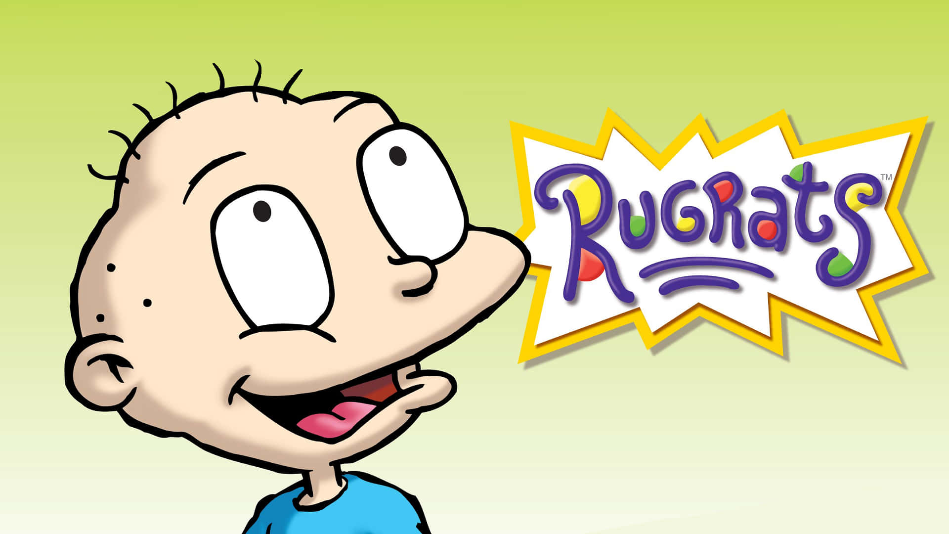 來自 Rugrats 的卡通嬰兒角色，微笑著與節目標誌一起。