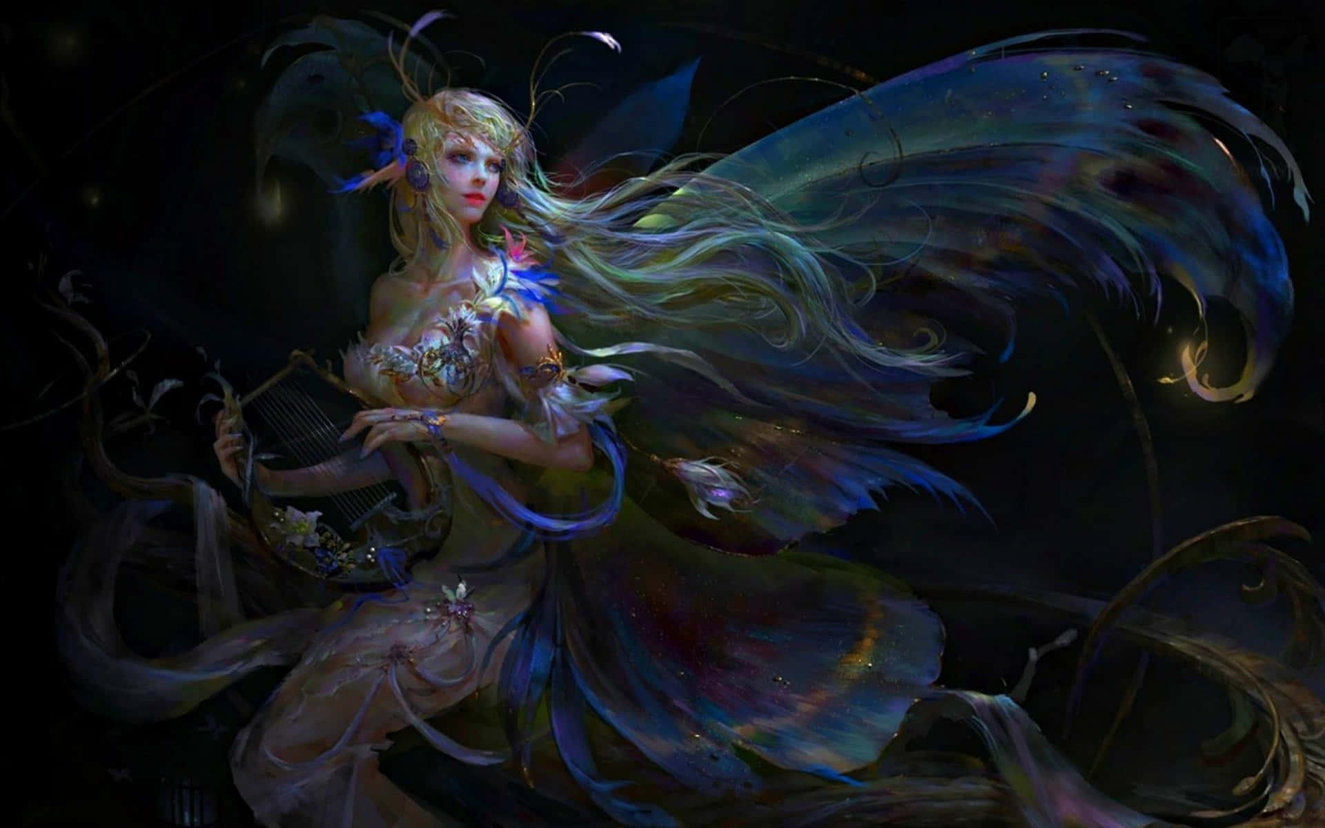 幻想精靈在黑暗魔法場景中彈奏豎琴，翅膀發光
