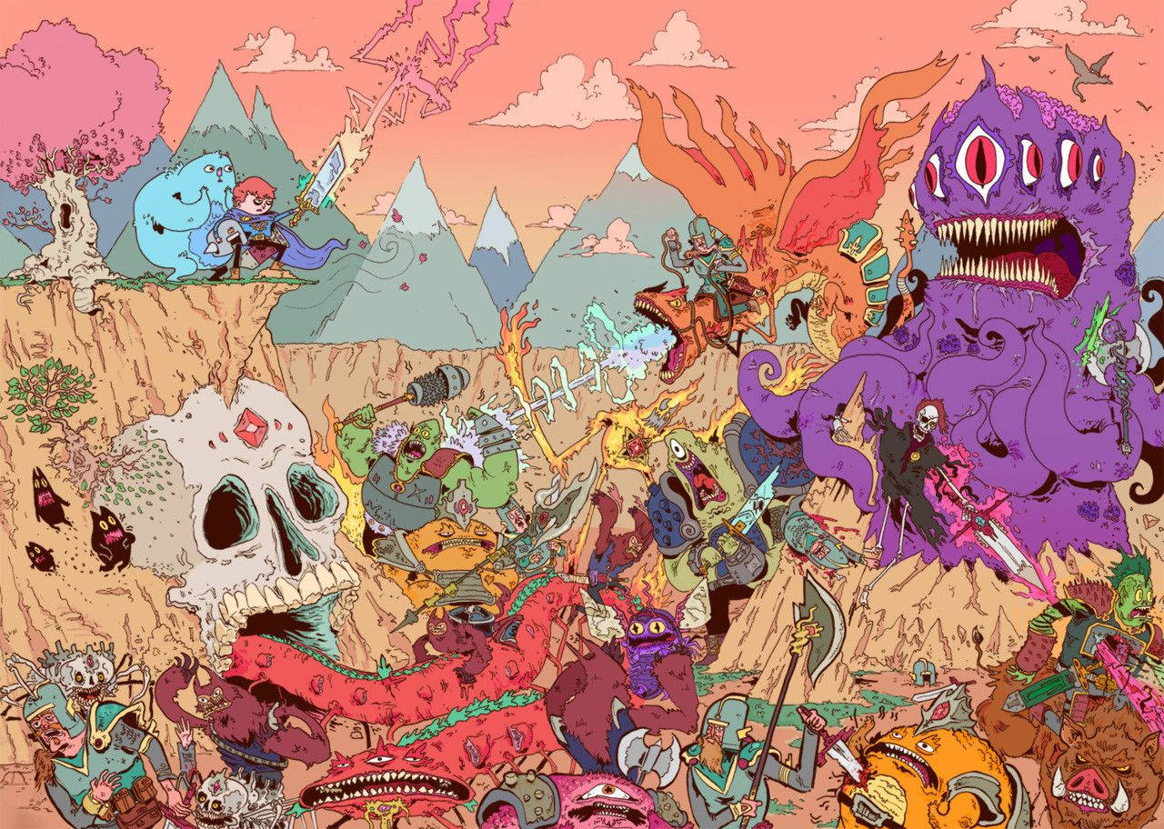 奇幻戰士和怪物在粉紅色天空下於山脈和頭骨之間戰鬥。