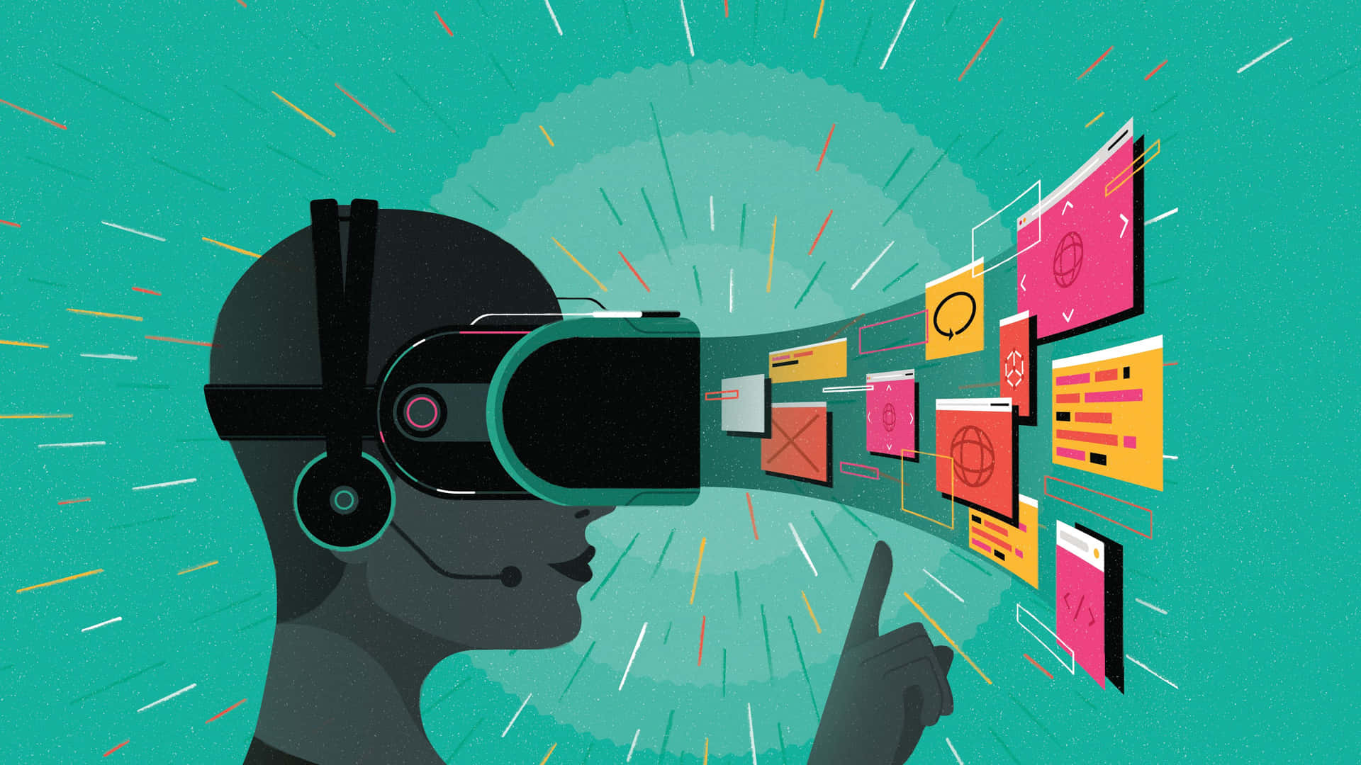 戴著VR頭戴式顯示器的人與浮動的數位螢幕互動。