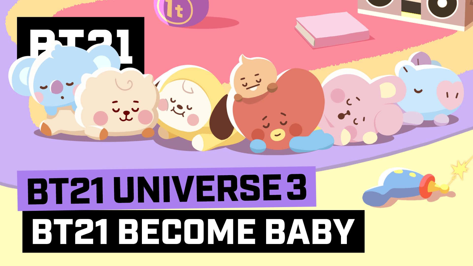 BT21角色以嬰兒形態在地毯上睡覺，附近有玩具。