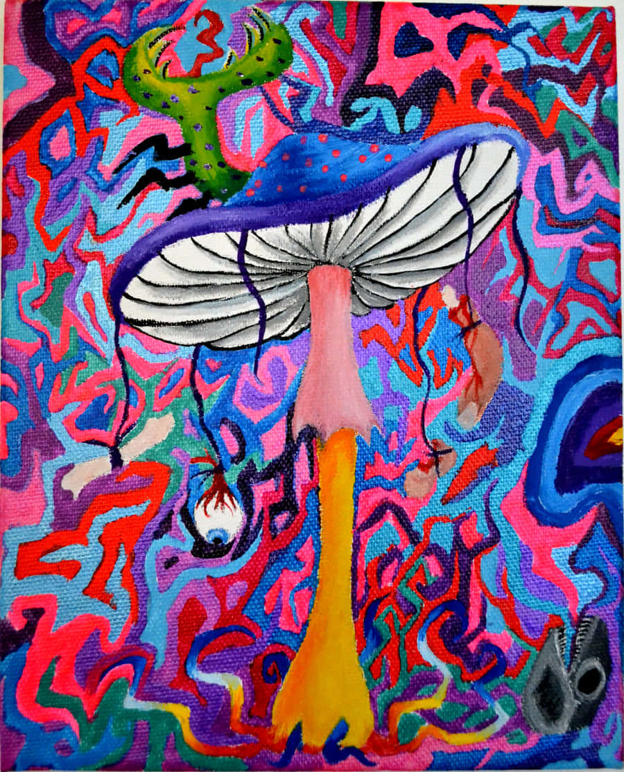 讓想像力飛翔——迷幻蘑菇 壁紙 — 一幅超現實畫作，描繪一個巨型蘑菇，其菌蓋上棲息著一隻綠色螃蟹，背景是粉紅、藍色和紫色的迷幻漩渦。