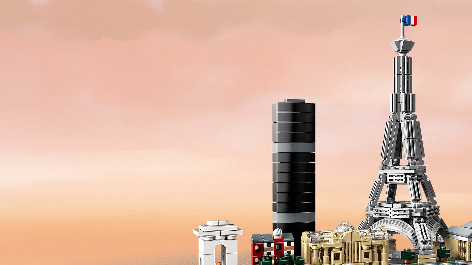 LEGO巴黎天際線，艾菲爾鐵塔和法國國旗在日落時分。