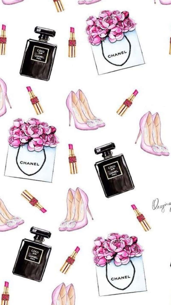 讓愛引領你的心 壁紙 — Chanel香水瓶、粉紅色高跟鞋和花卉購物袋以柔和的水彩風格重複圖案。