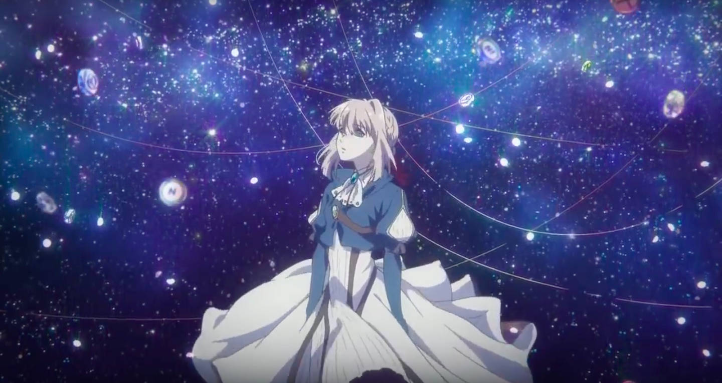 動漫女孩穿著藍白連衣裙，在星光燦爛的宇宙空間中漂浮，伴有發光的球體。