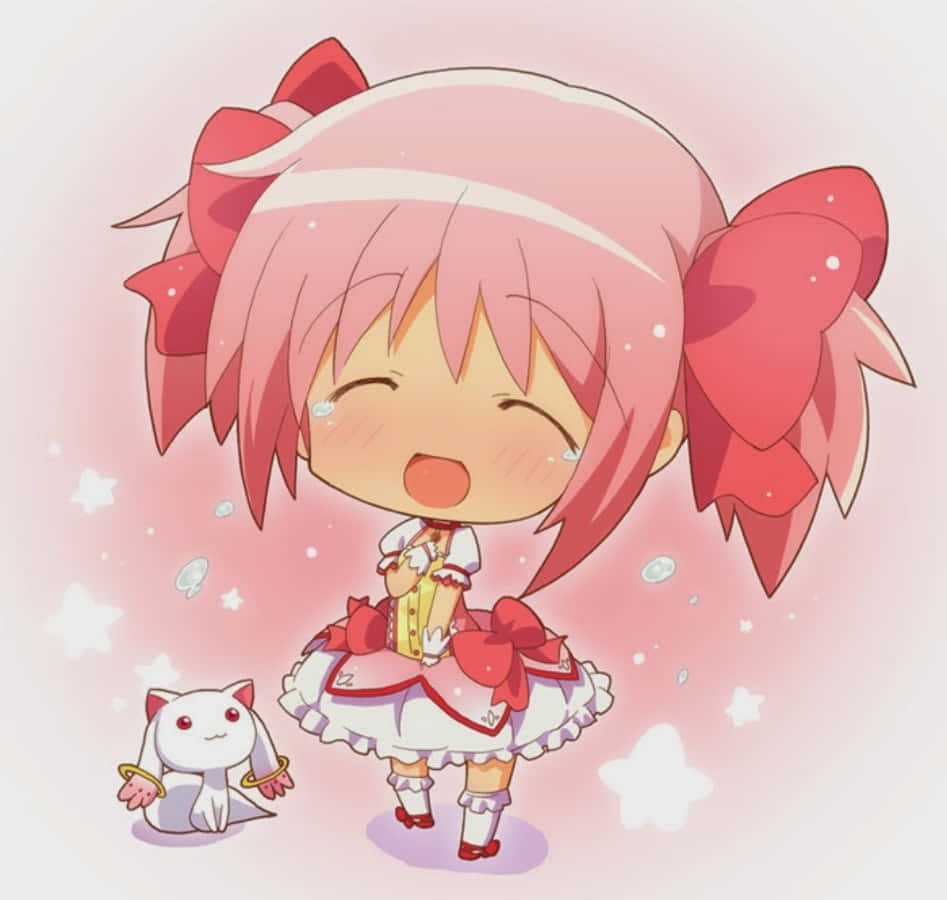 讓我們一起去探索世界吧！ 壁紙 — 一個開心嘅chibi動漫女仔，粉紅色頭髮同蝴蝶結，喺閃閃發光嘅粉紅色背景前面，同細細隻白色貓仔一齊笑得好開心。