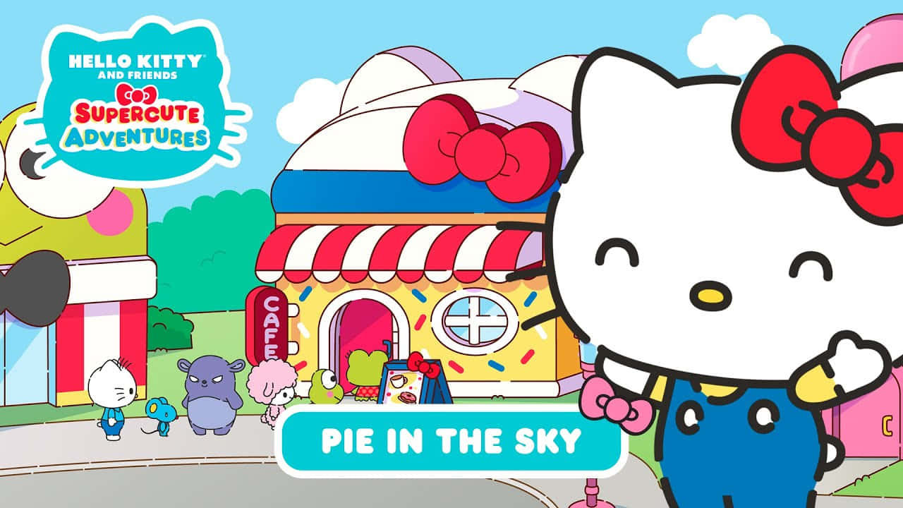 「讓我們一起玩遊戲吧！」 壁紙 — Hello Kitty 和朋友們在一個色彩繽紛的卡通小鎮，有餡餅店和歡樂的角色。