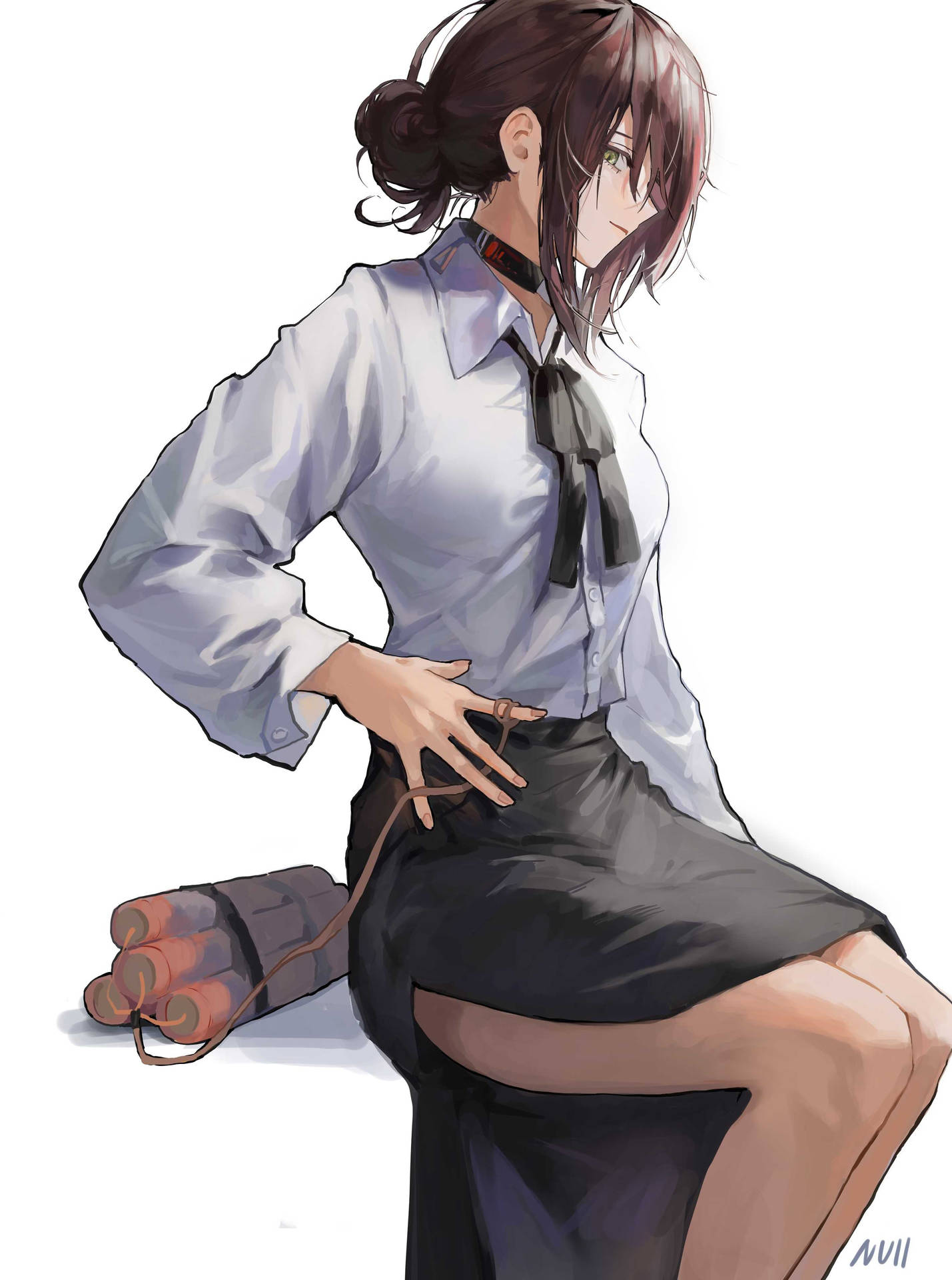 穿著校服的動漫女孩手持炸藥，表情嚴肅。