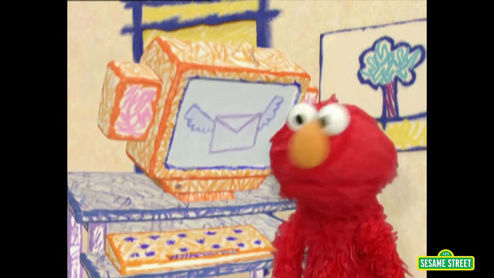 Elmo 看著一部用蠟筆畫的電腦，屏幕上有一個有翼的信封。