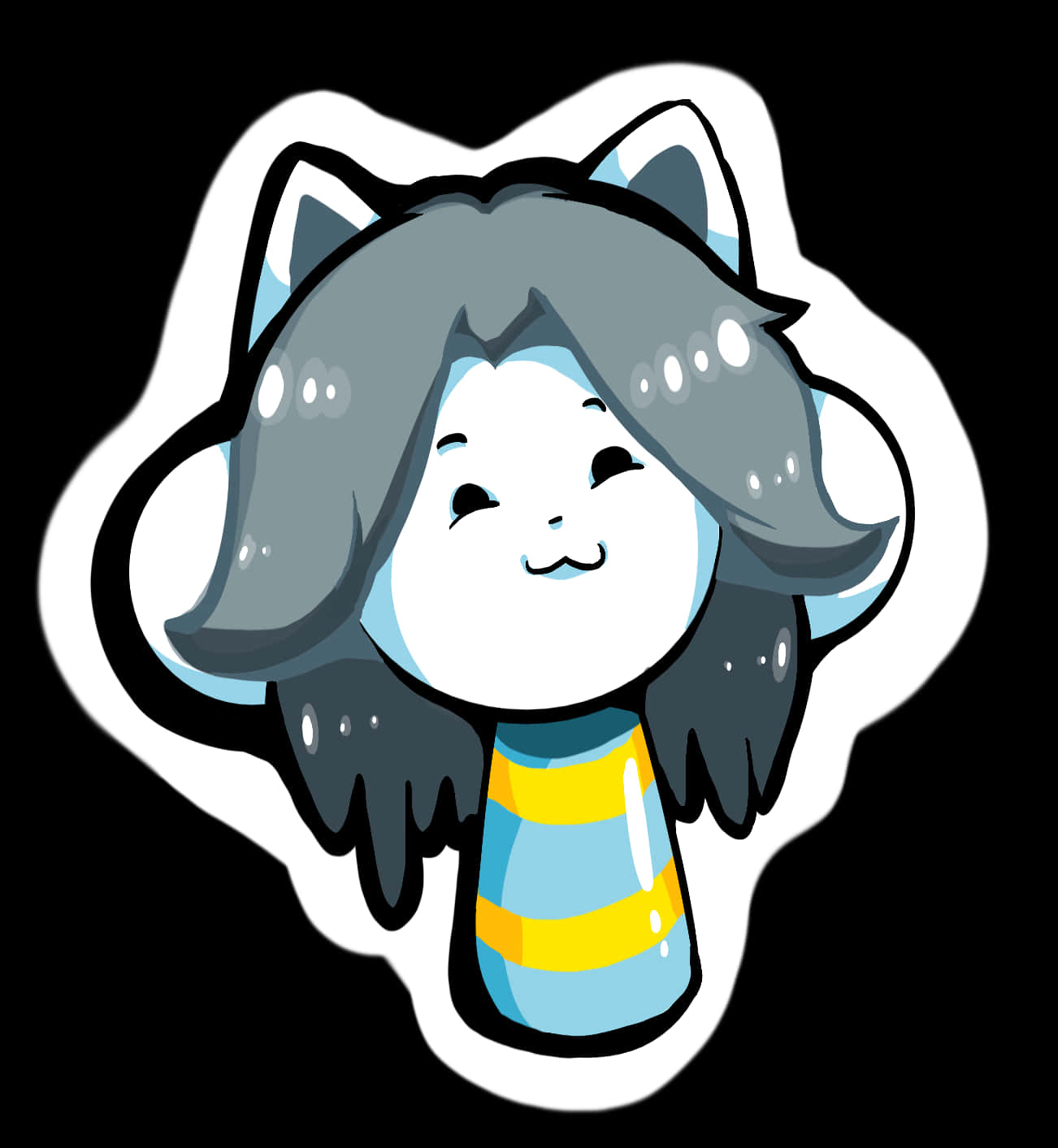 「讓我們成為朋友吧！」Undertale 中的 Temmie 壁紙 — 一個可愛的卡通角色，灰色頭髮和貓耳朵，戴著藍黃條紋圍巾微笑。