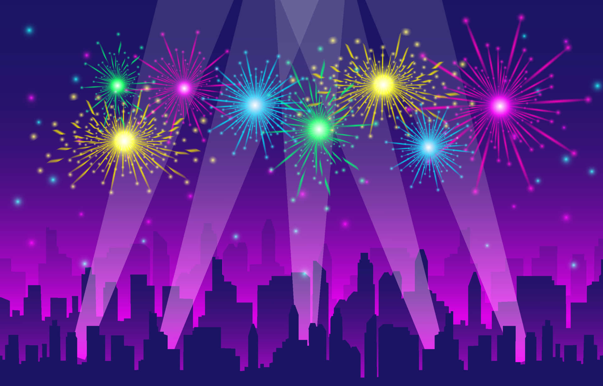 色彩繽紛的煙火在夜間風格化的城市天際線上綻放。 — 新年動畫 壁紙