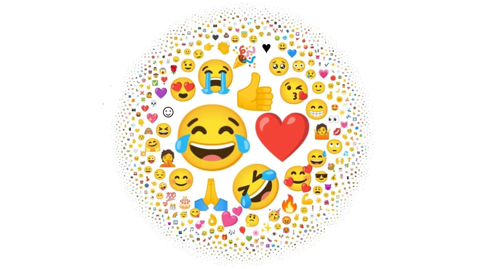 一個歡樂的表情符號拼貼畫，笑臉和心形向外輻射。