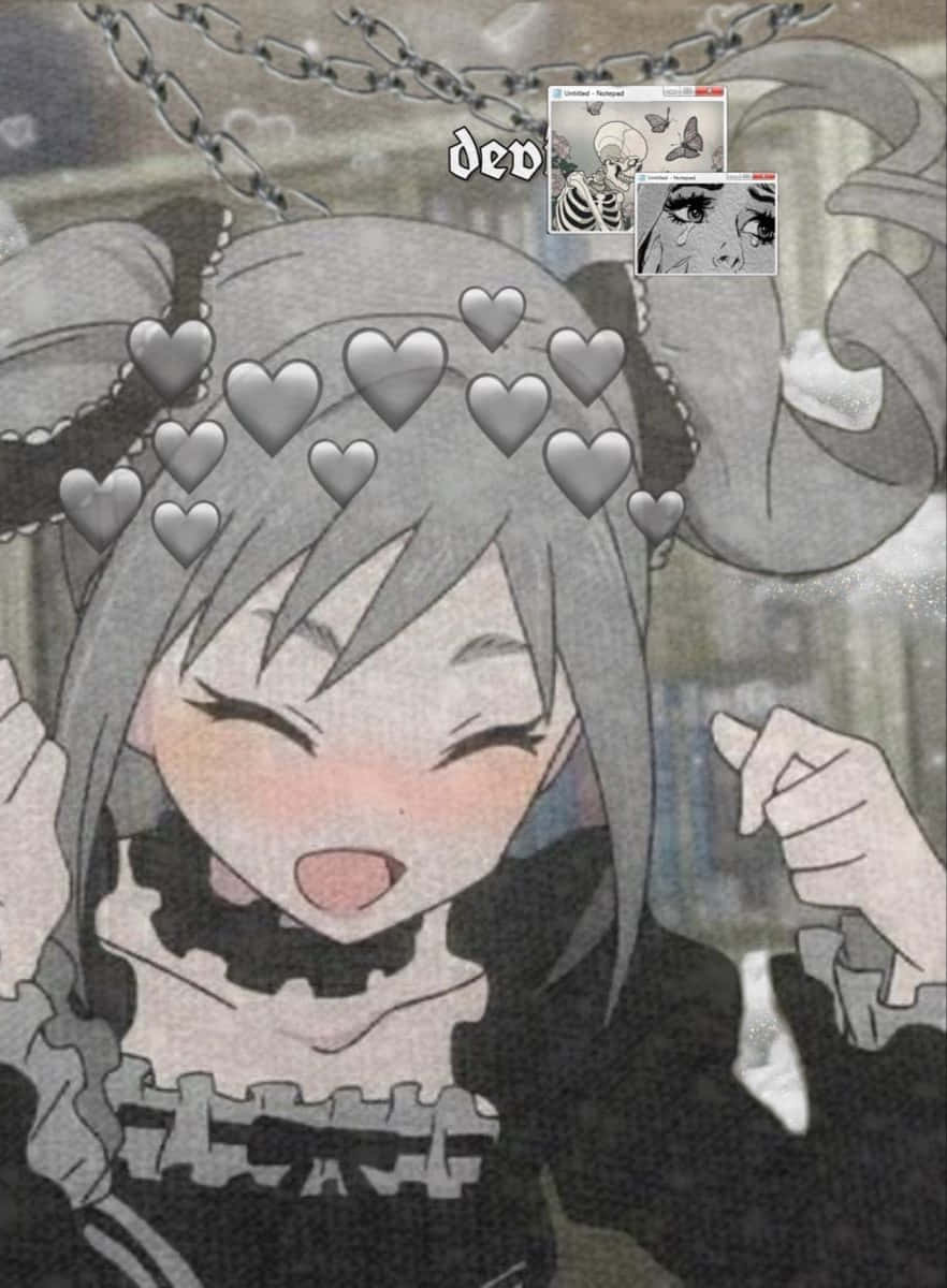 灰色頭髮和心形表情符號的動漫女孩，穿著哥德式服裝微笑。