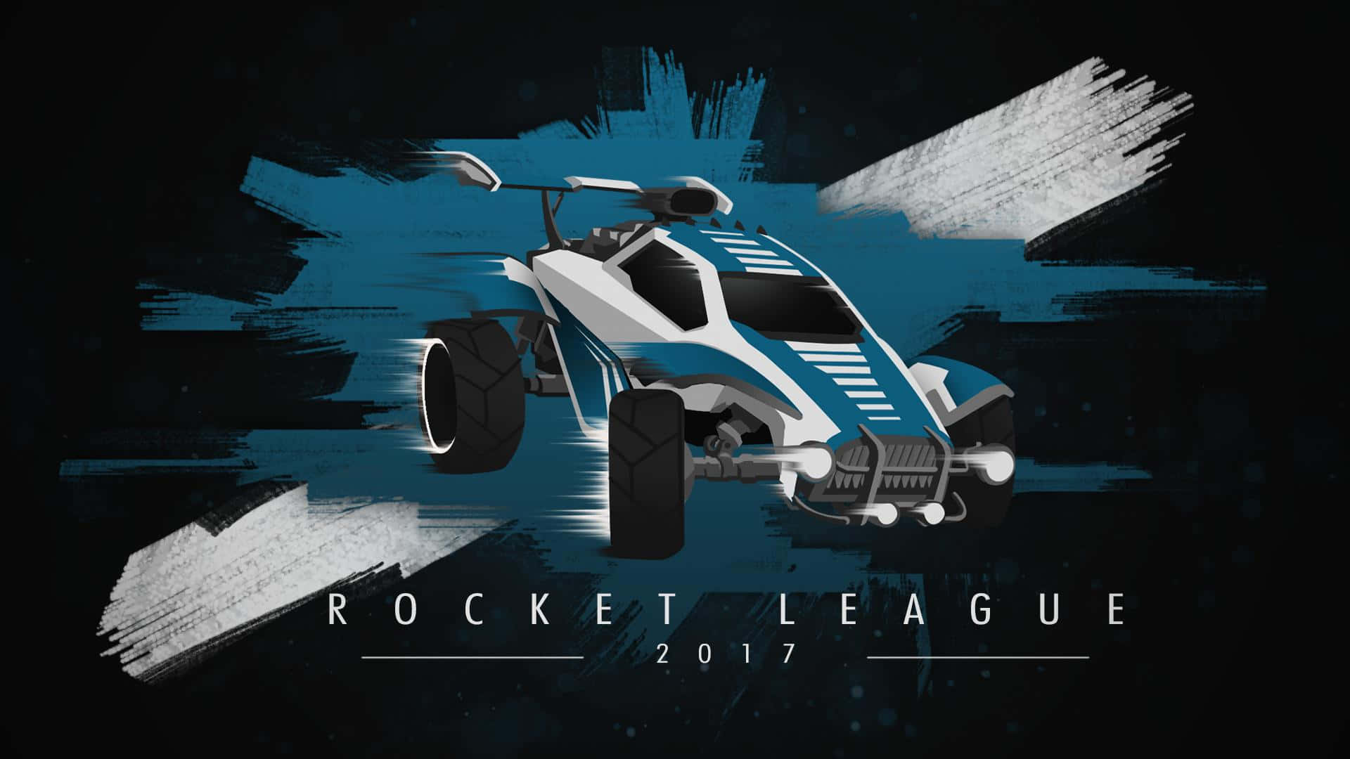 讓最佳 Rocket League 遊戲開始吧！ 壁紙 — 一架藍白相間的Rocket League賽車在帶有粗獷筆觸效果的深色背景上疾馳。