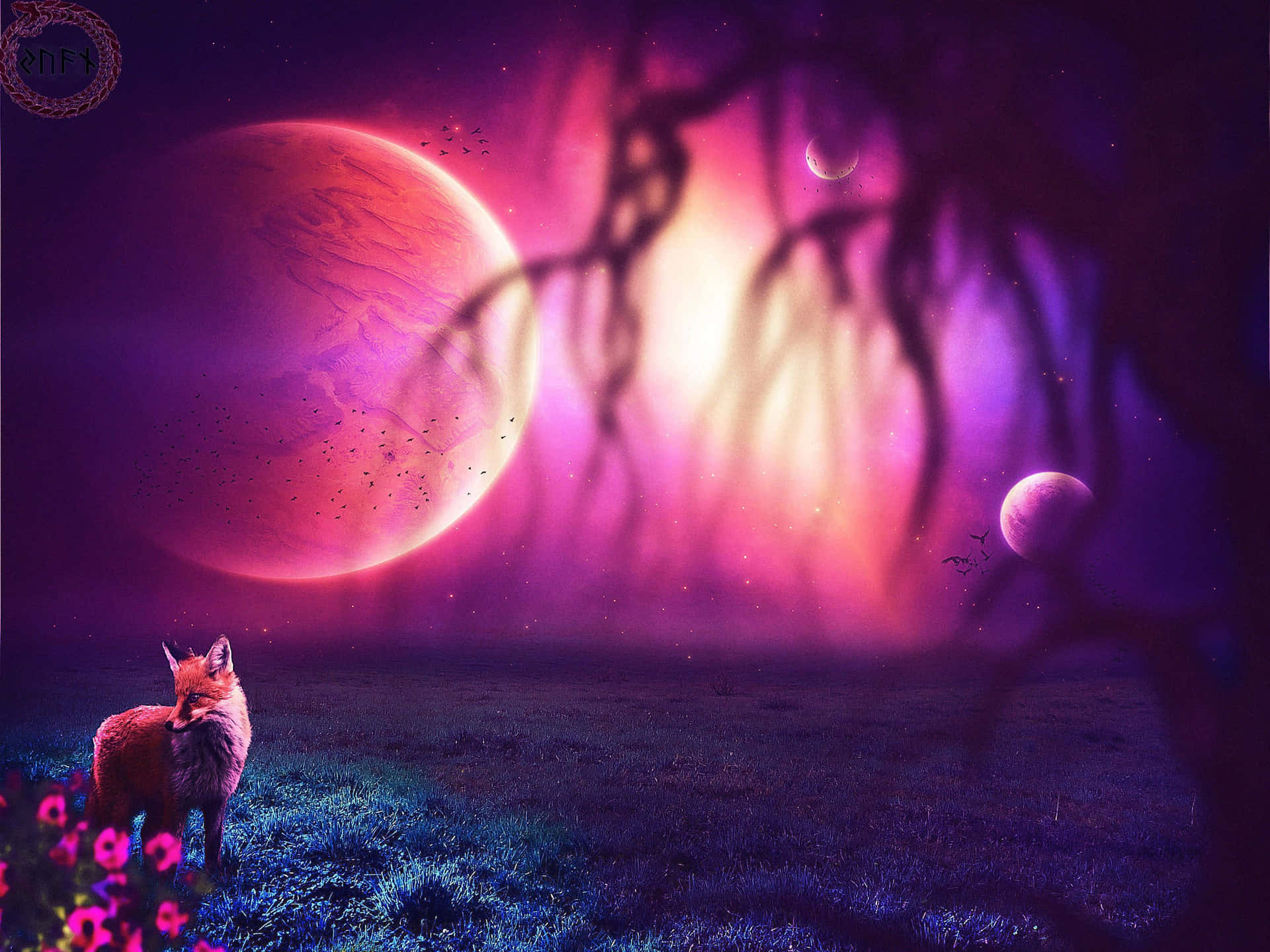 狐狸在田野中，上方是發光的外星天空，有一顆巨大的紅色行星。