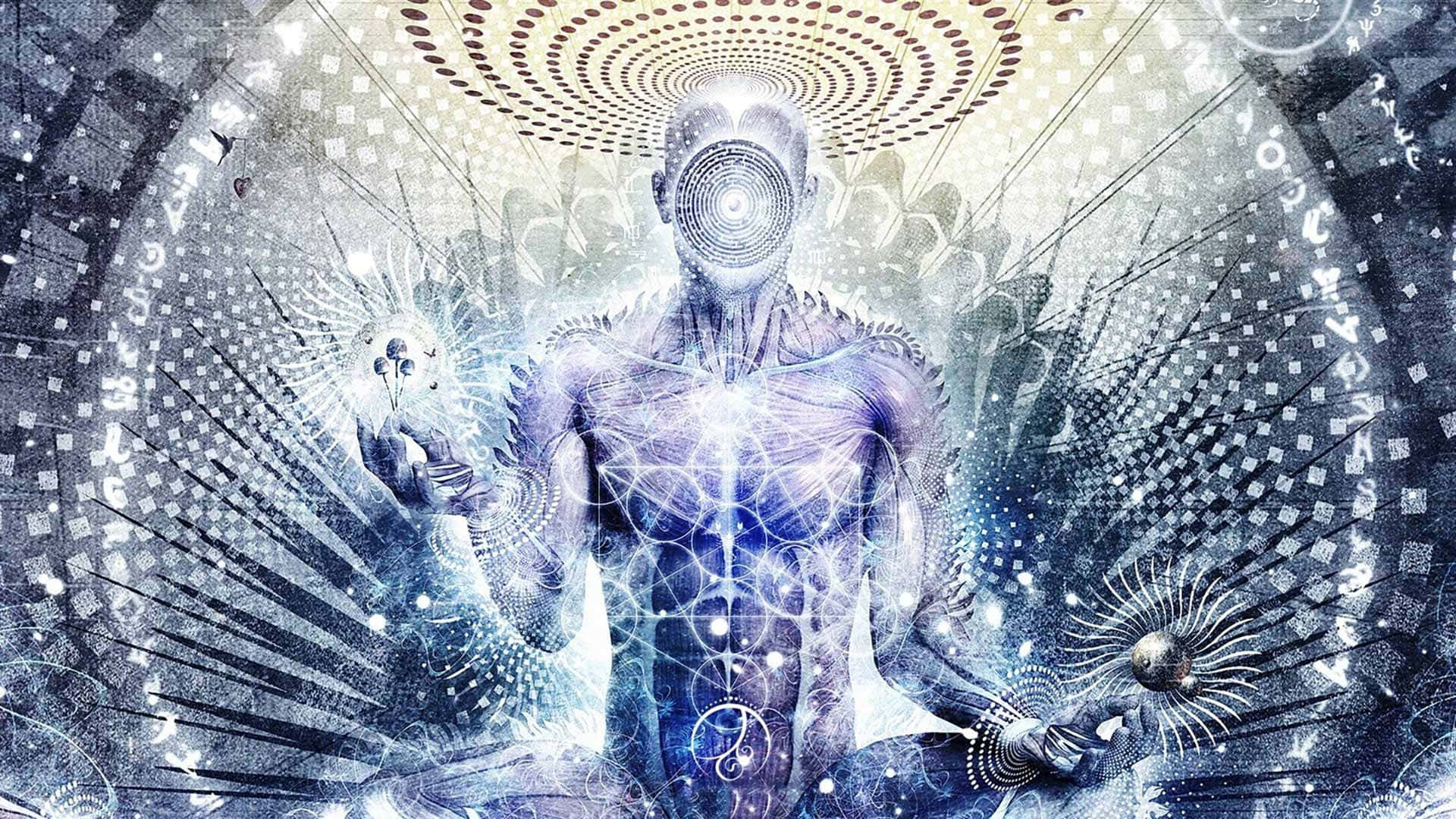 讓桌面連接更高靈性層面 壁紙 — 一個發光的人形人物，帶有螺旋眼睛和能量圖案，從其雙手向宇宙幾何背景輻射能量。